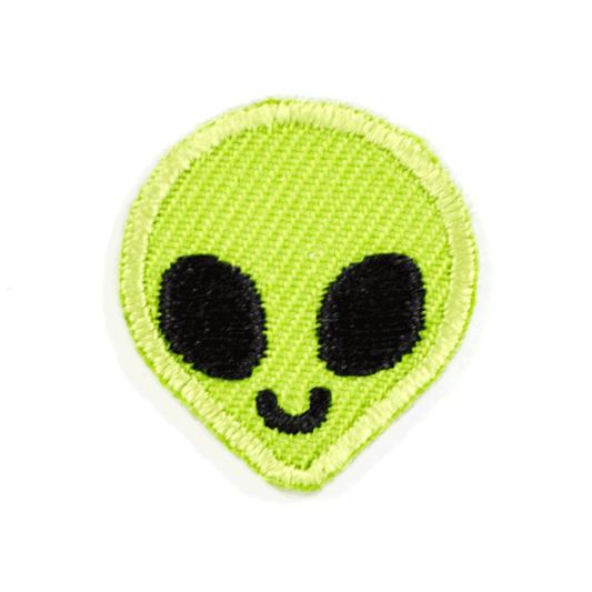 An embroidered alien head patch with a bright lime green body, black eyes, and a small curved black smile on a white background.