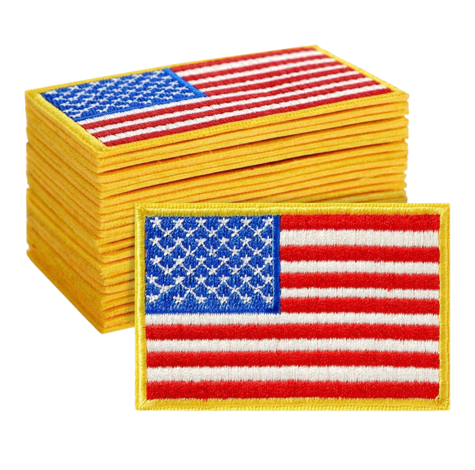 Stack of American flag patches with a single patch displayed below on a white background.