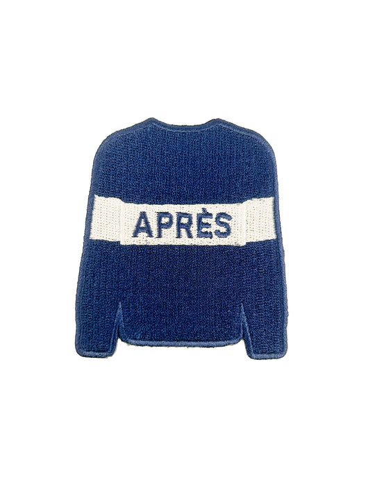 Blue sweater with 'APRèS' text on a white background
