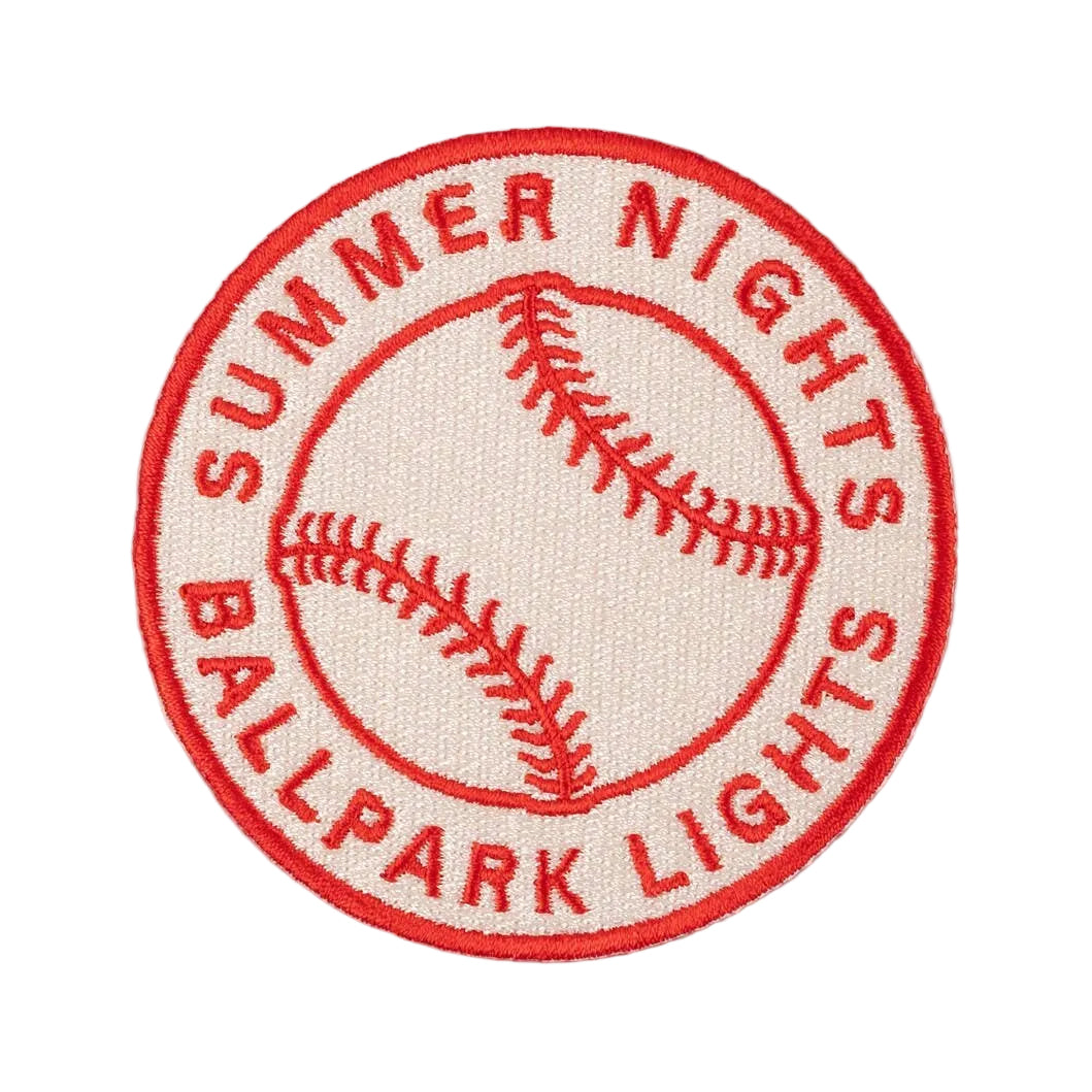 Patch with 'Summer Nights Ballpark Lights' text and baseball design on a light gray background