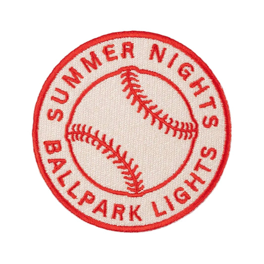 Patch with 'Summer Nights Ballpark Lights' text and baseball design on a light gray background