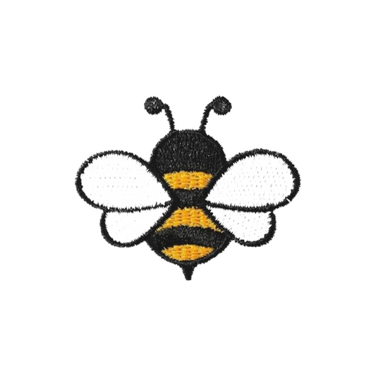 Embroidered bee patch with black, yellow, and white colors on a white background