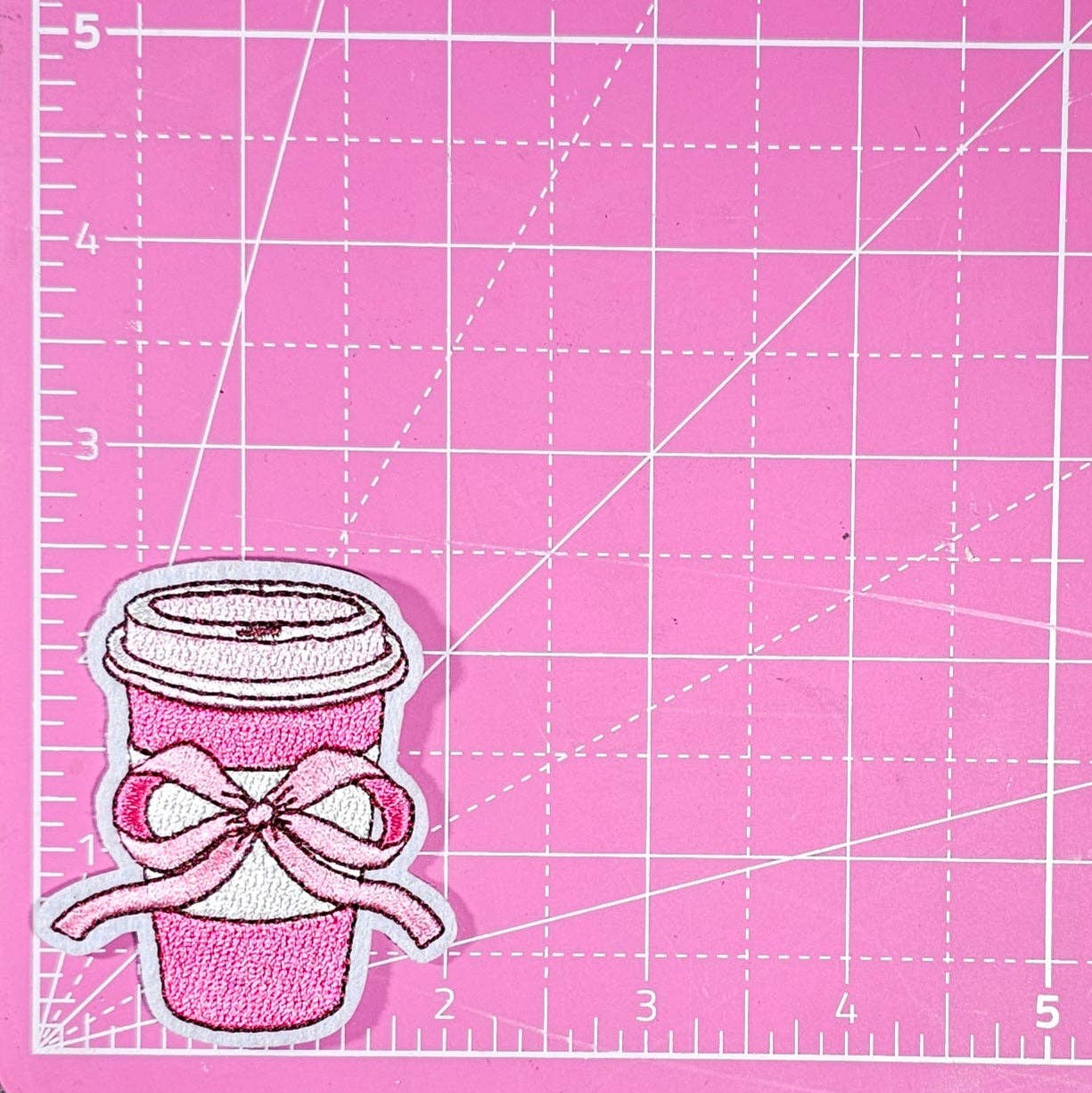 Pink Coffee with Bow Embroidery Iron On Patch
