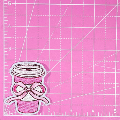 Pink Coffee with Bow Embroidery Iron On Patch