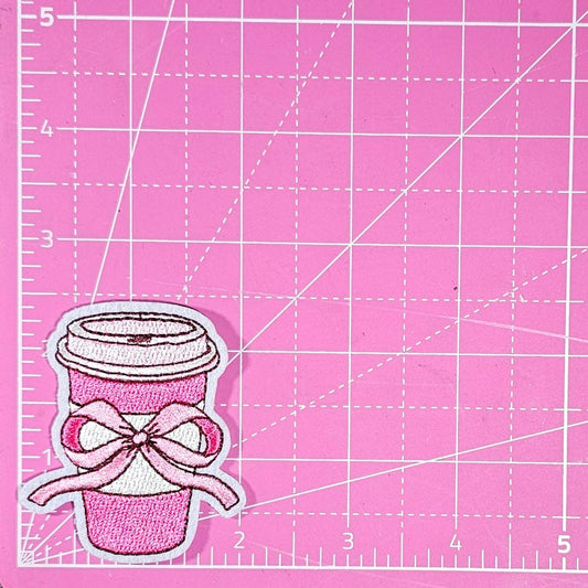 Pink Coffee with Bow Embroidered Iron On Patch