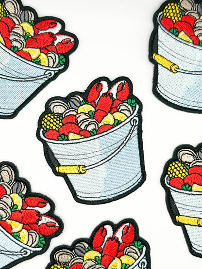 Seafood Boil Embroidered Patch Coastal Shrimp Crab Bucket