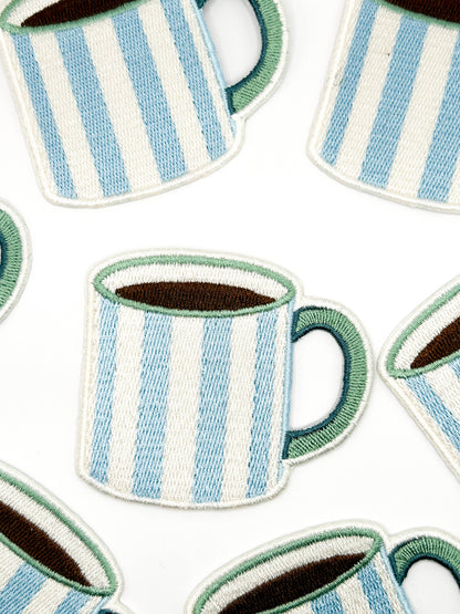 Striped Coffee Mug Embroidered Patch Iron On Cute Camp