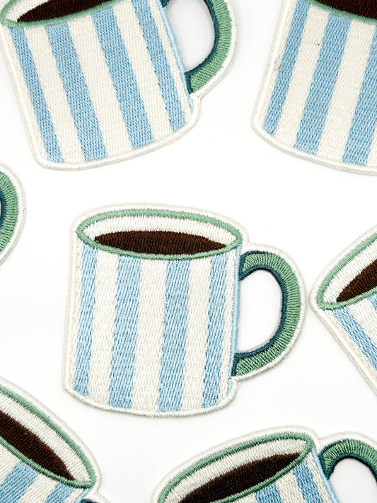 Striped Coffee Mug Embroidered Patch Iron On Cute Camp