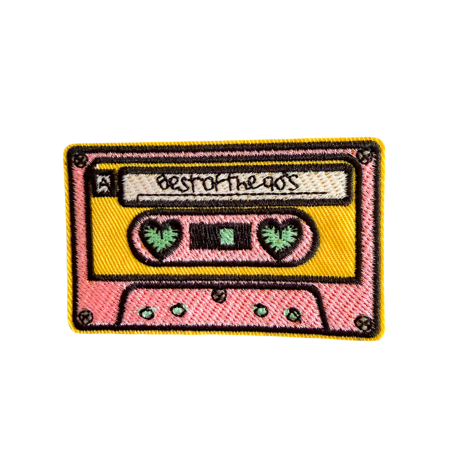 Embroidered patch of a cassette tape with 'Best of the 90s' text on a white background