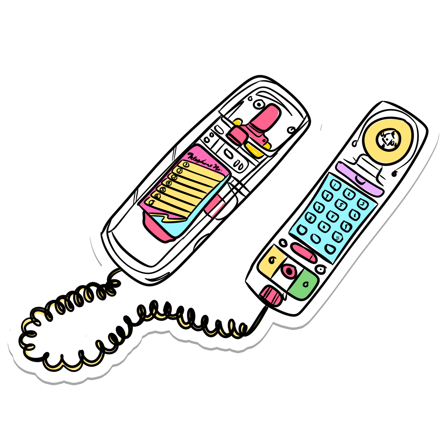 A die-cut sticker featuring a hand-drawn, colorful retro telephone illustration with a coiled cord, shown on a plain white background.