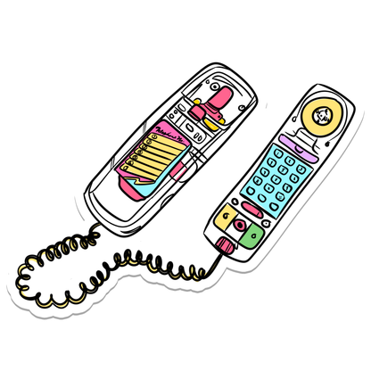 A die-cut sticker featuring a hand-drawn, colorful retro telephone illustration with a coiled cord, shown on a plain white background.