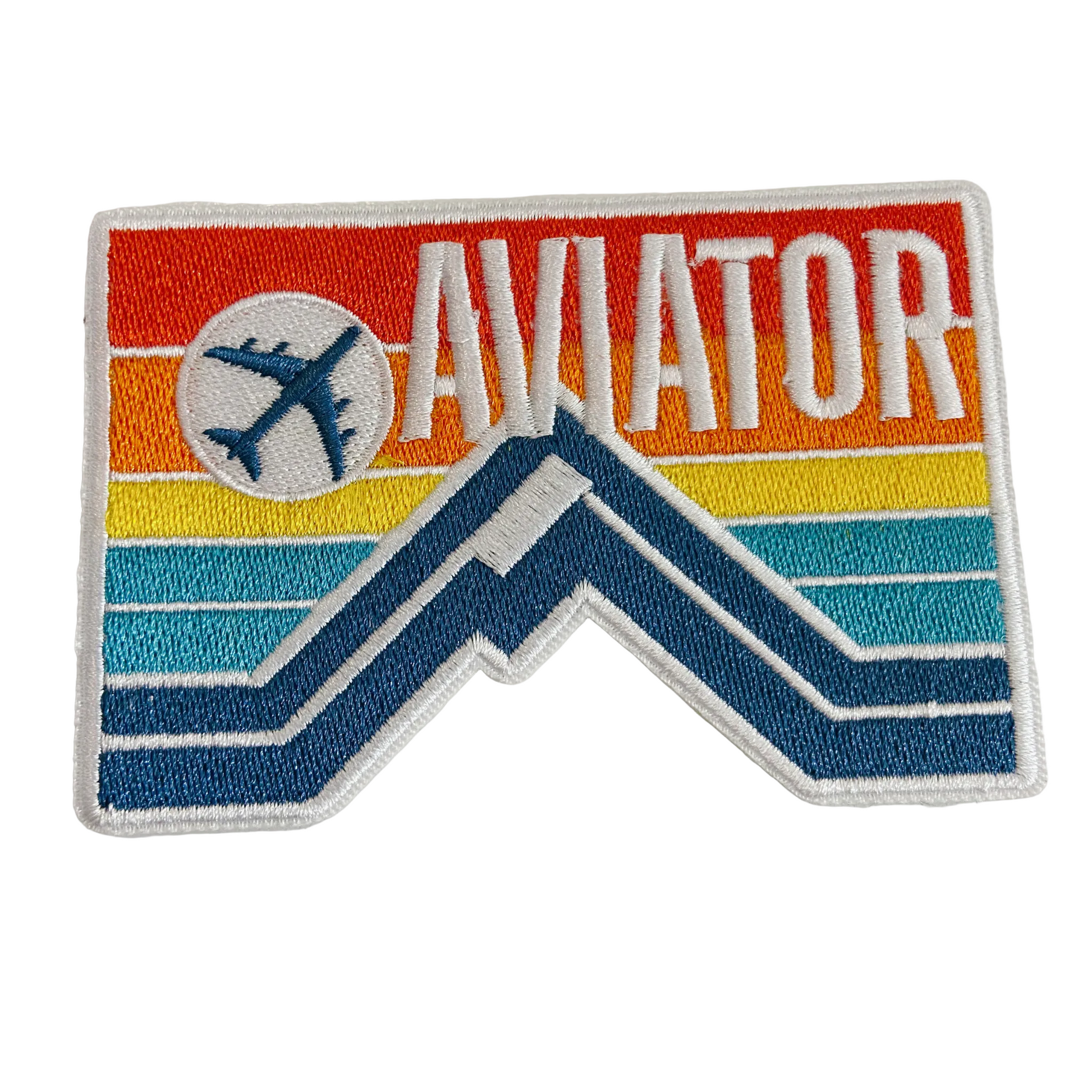 Embroidered patch with 'Aviator' text and airplane icon on a colorful background