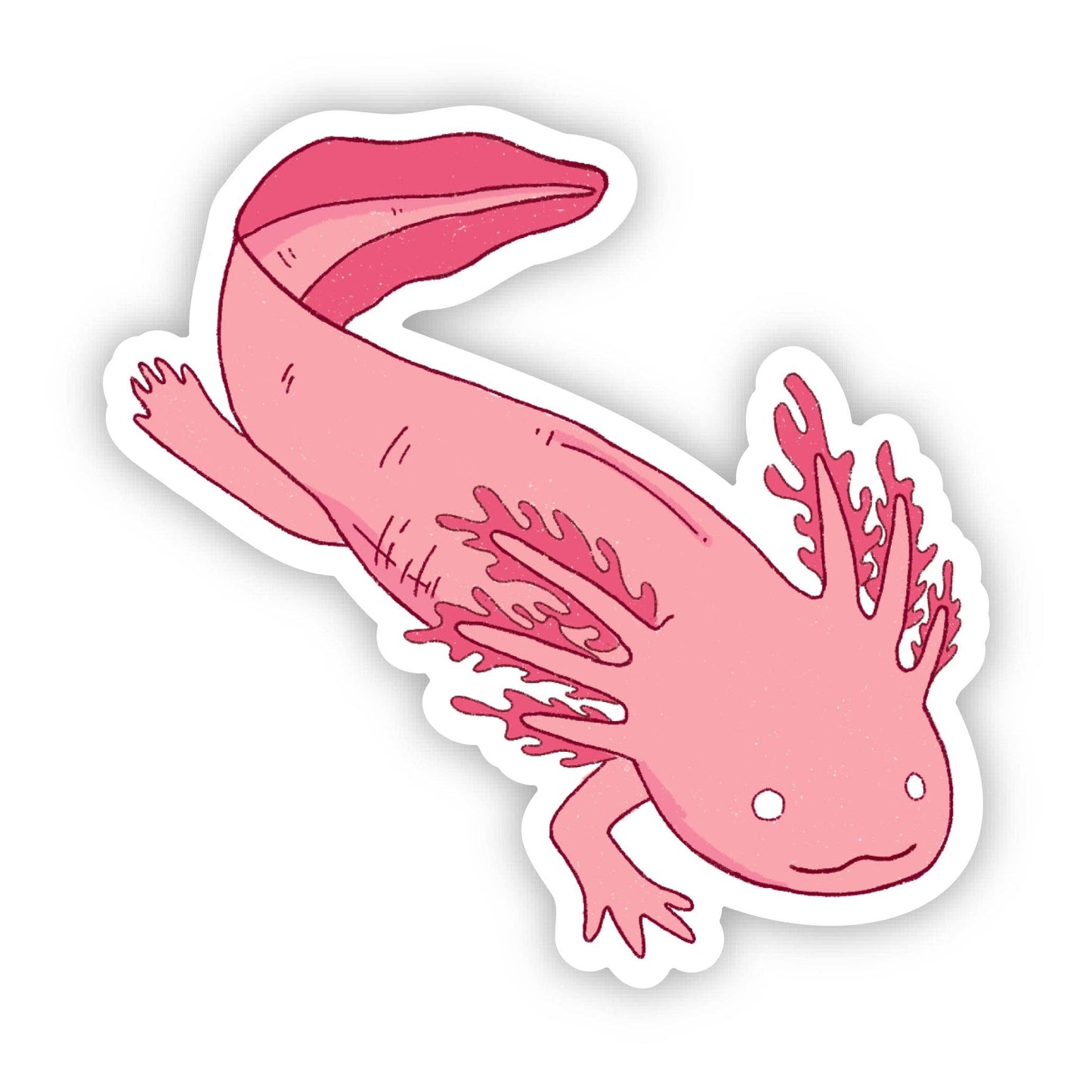 A die-cut vinyl sticker featuring a cute pink axolotl illustration with white gills and a white border, shown on a plain white background.