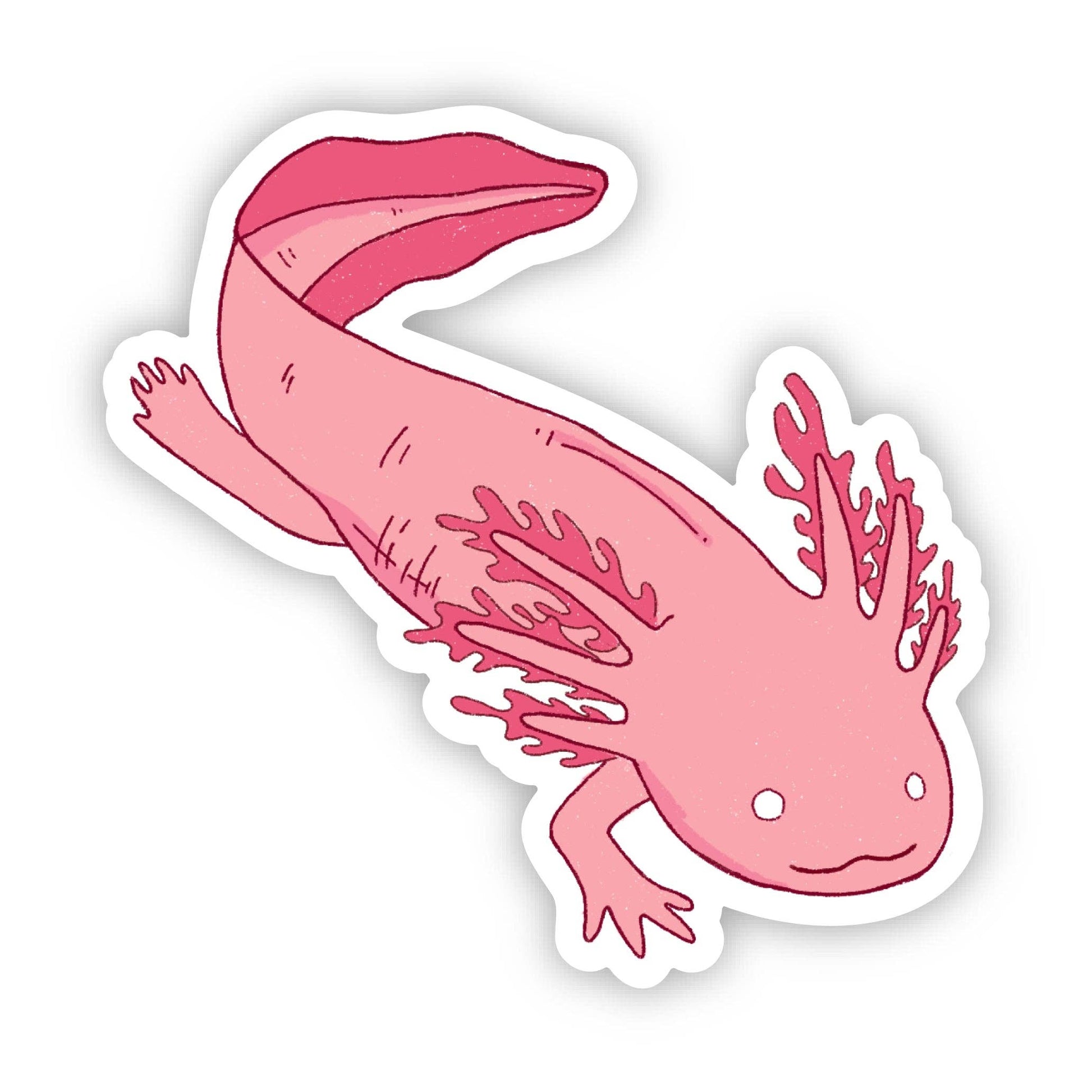 A die-cut vinyl sticker featuring a cute pink axolotl illustration with white gills and a white border, shown on a plain white background.
