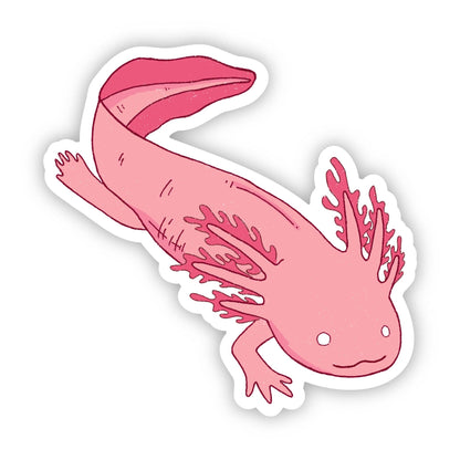 A die-cut vinyl sticker featuring a cute pink axolotl illustration with white gills and a white border, shown on a plain white background.