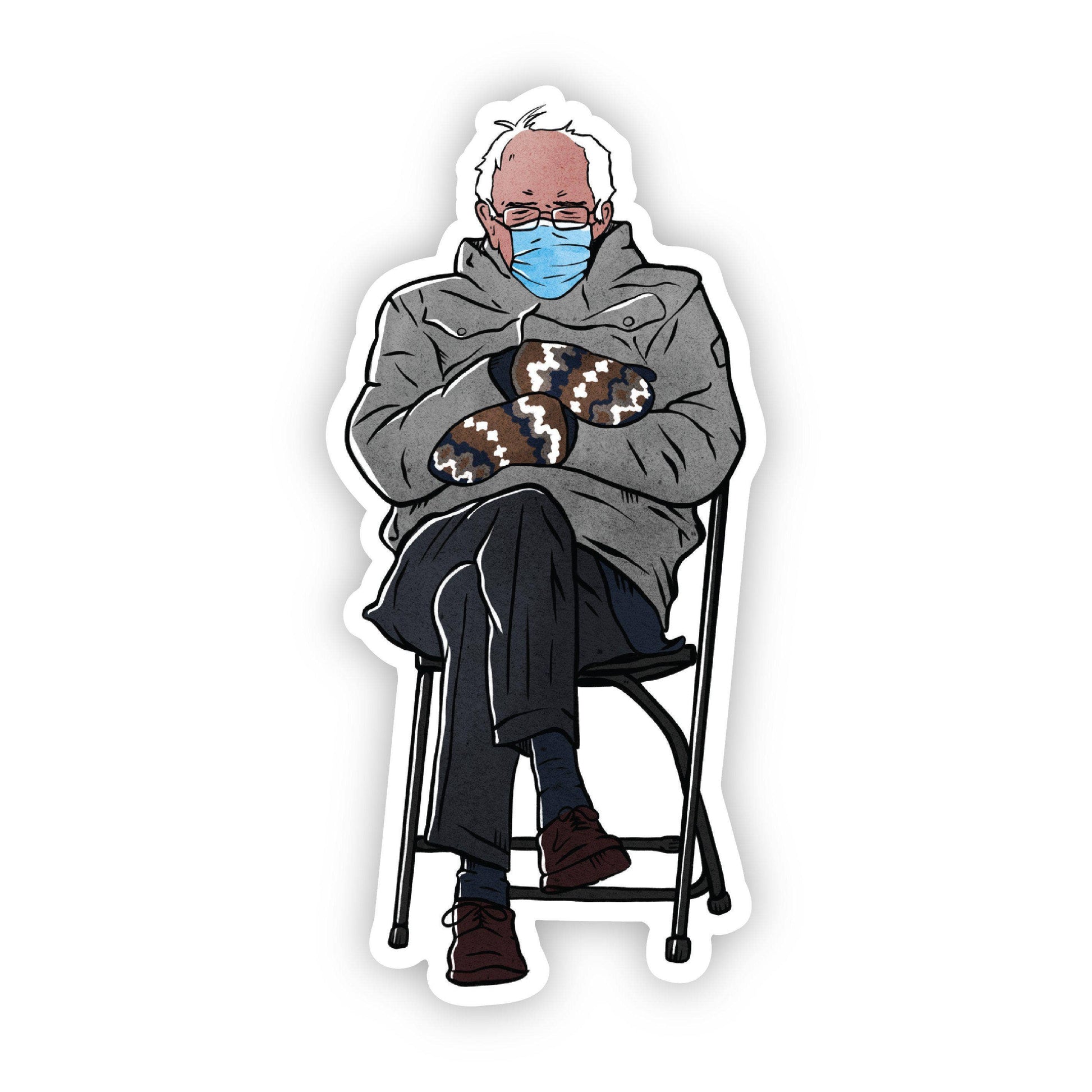 A die-cut sticker featuring an illustrated elderly man sitting on a folding chair, wearing a gray jacket, dark pants, brown shoes, glasses, and a light blue face mask, with patterned knit mittens. The sticker is shown on a plain white background.