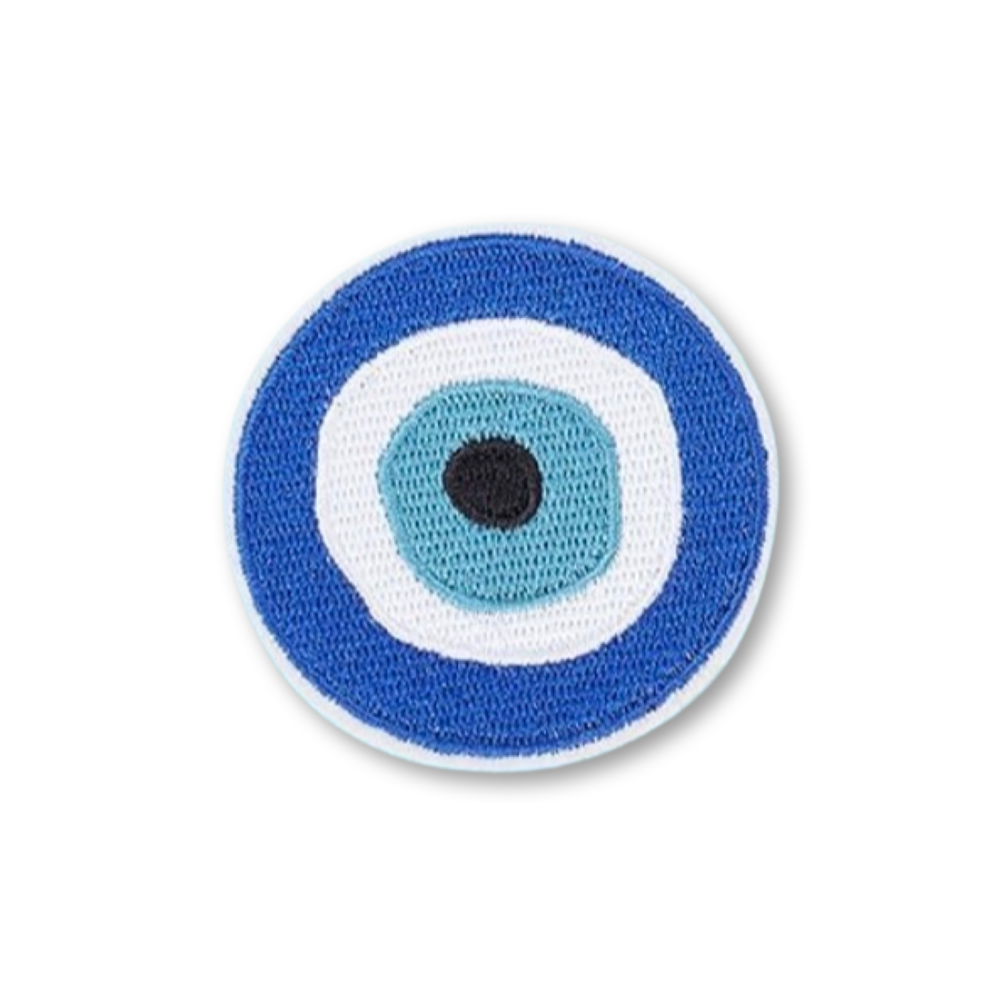 Circular patch with blue, white, and black design on a white background