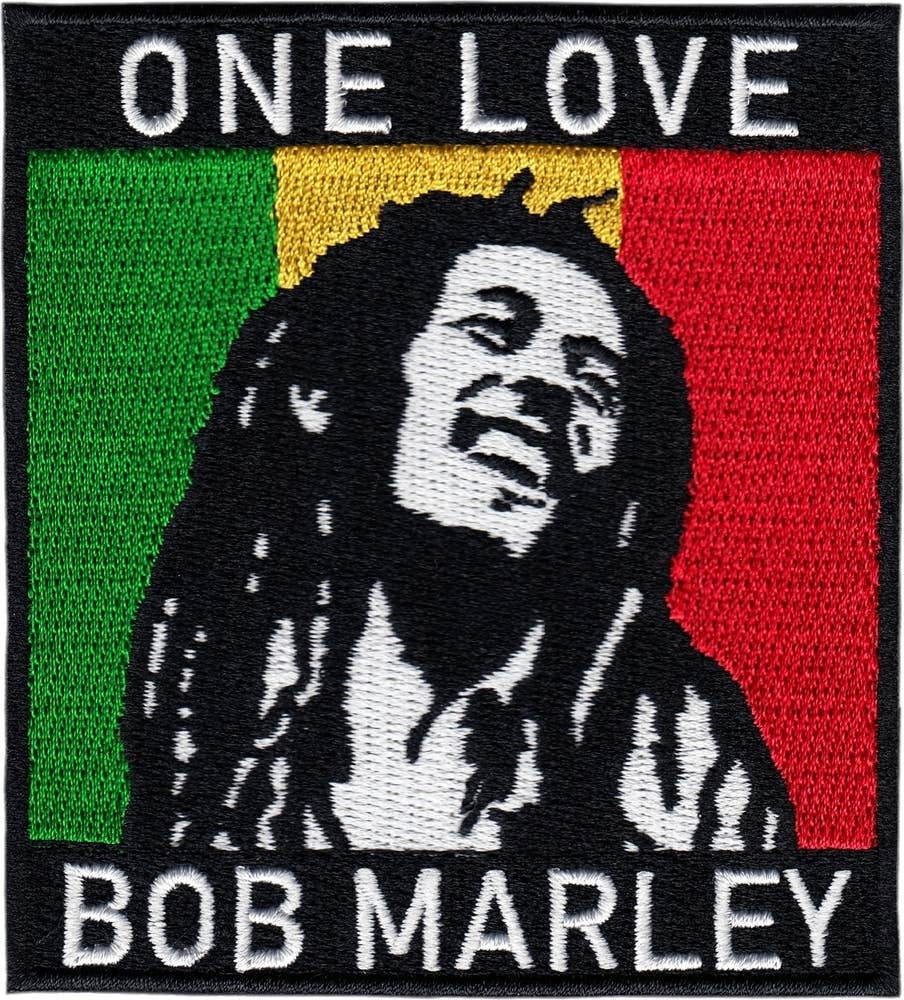 Bob Marley patch with 'One Love' text and Rastafarian flag colors.