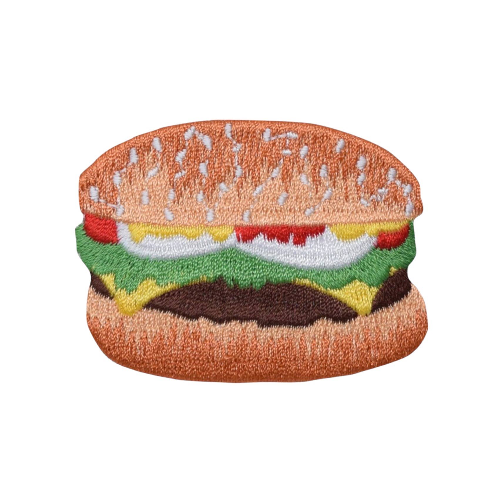 Embroidered patch of a hamburger on a white background