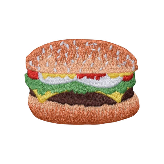 Embroidered patch of a hamburger on a white background