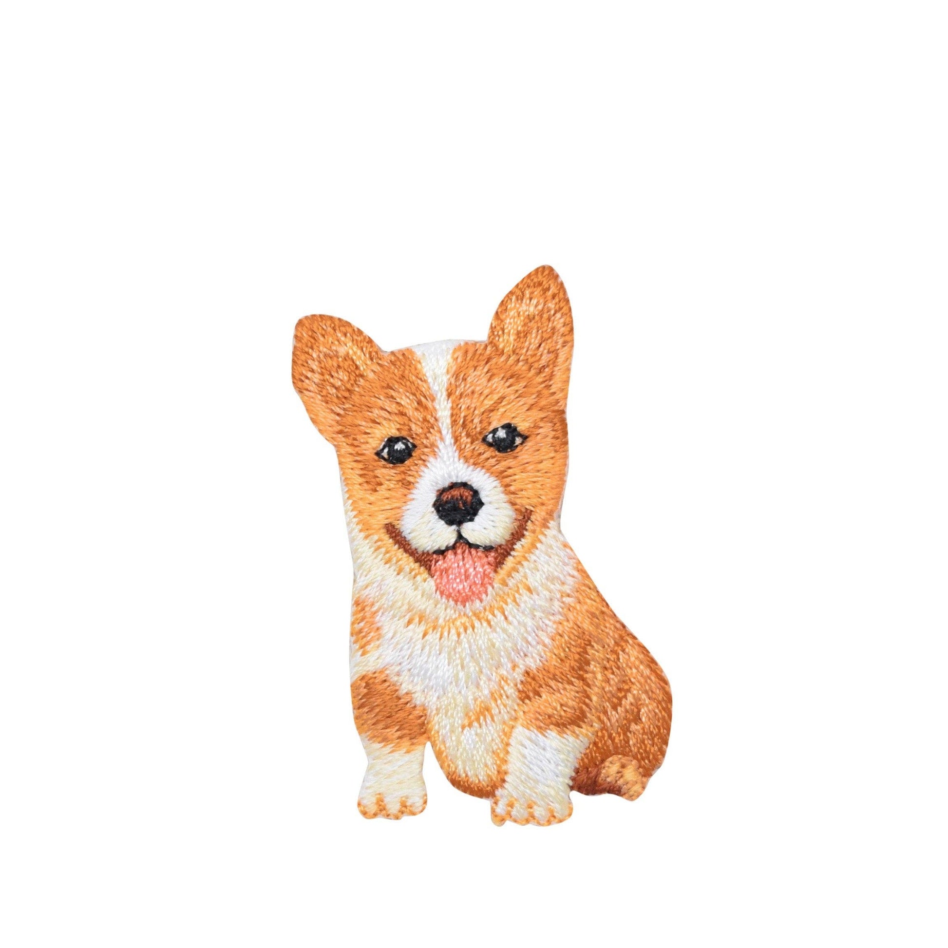 Embroidered patch of a corgi dog on a white background