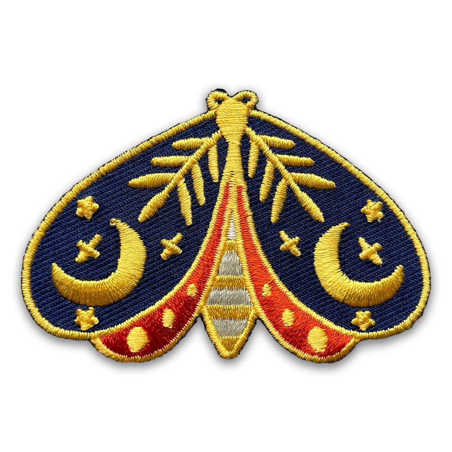 Embroidered patch with butterfly design on a white background