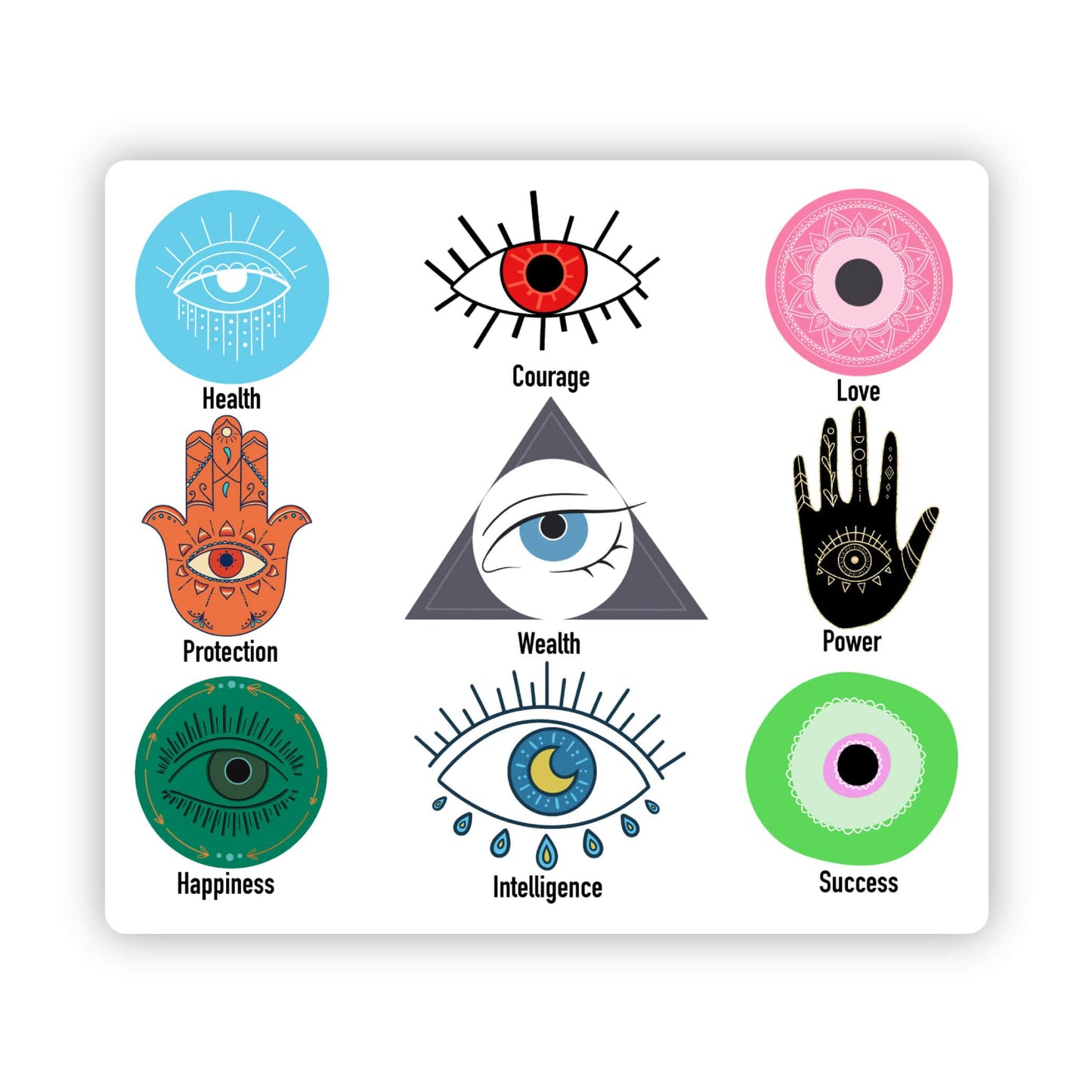 A square white card or sticker featuring nine colorful spiritual and motivational symbols arranged in a 3x3 grid, including a blue eye for Health, a red eye for Courage, a pink eye for Love, a hamsa hand for Protection, an all-seeing triangle for Wealth, a black hand with an eye for Power, a green eye for Happiness, a blue and yellow eye for Intelligence, and a green and pink eye for Success.