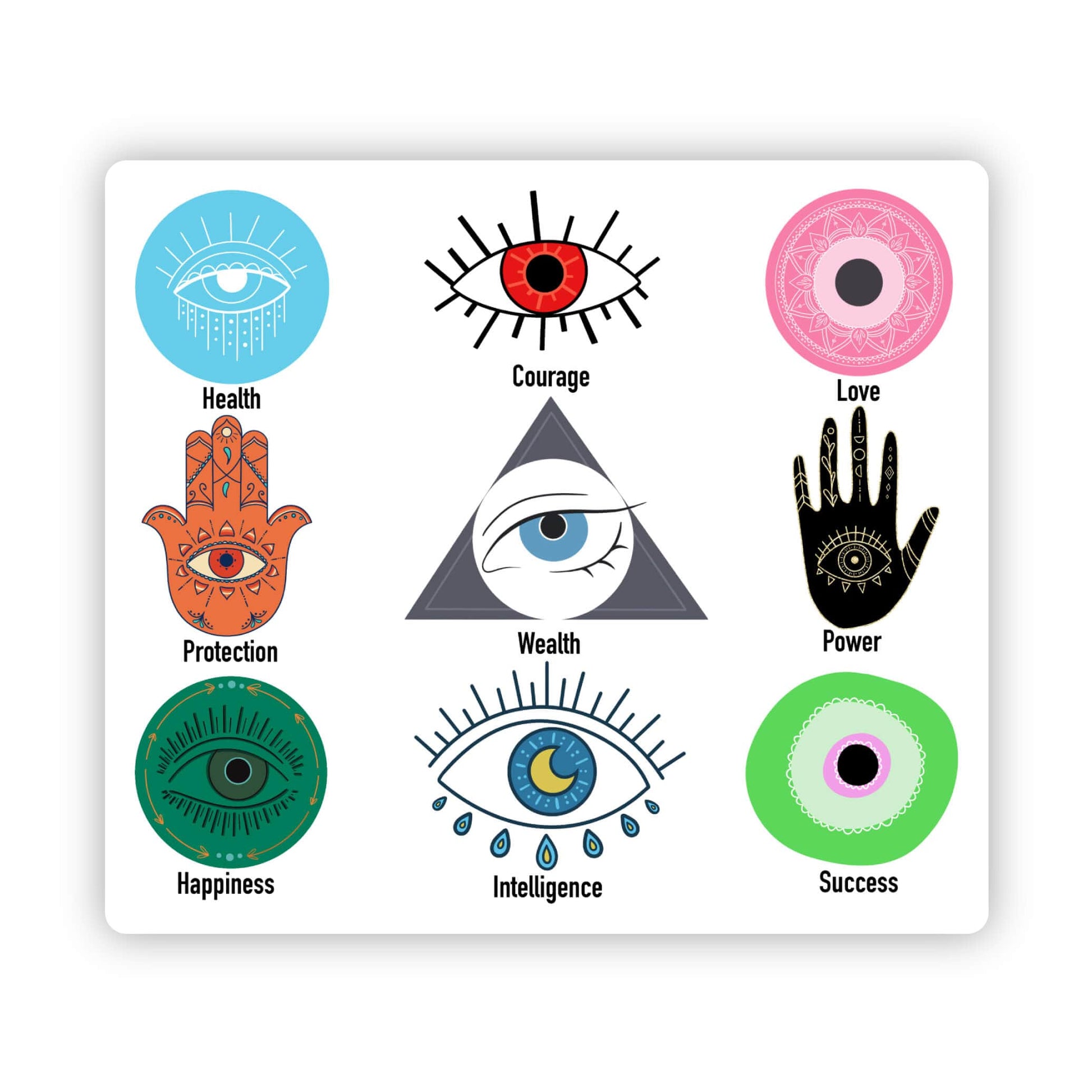 A square white card or sticker featuring nine colorful spiritual and motivational symbols arranged in a 3x3 grid, including a blue eye for Health, a red eye for Courage, a pink eye for Love, a hamsa hand for Protection, an all-seeing triangle for Wealth, a black hand with an eye for Power, a green eye for Happiness, a blue and yellow eye for Intelligence, and a green and pink eye for Success.