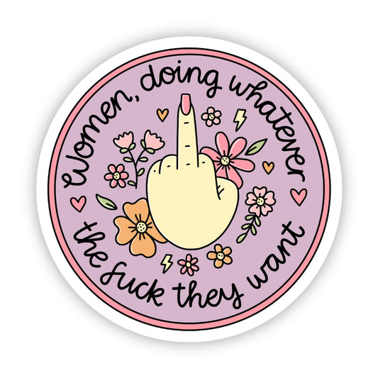 Sticker with a hand giving the middle finger surrounded by flowers and text on a purple background