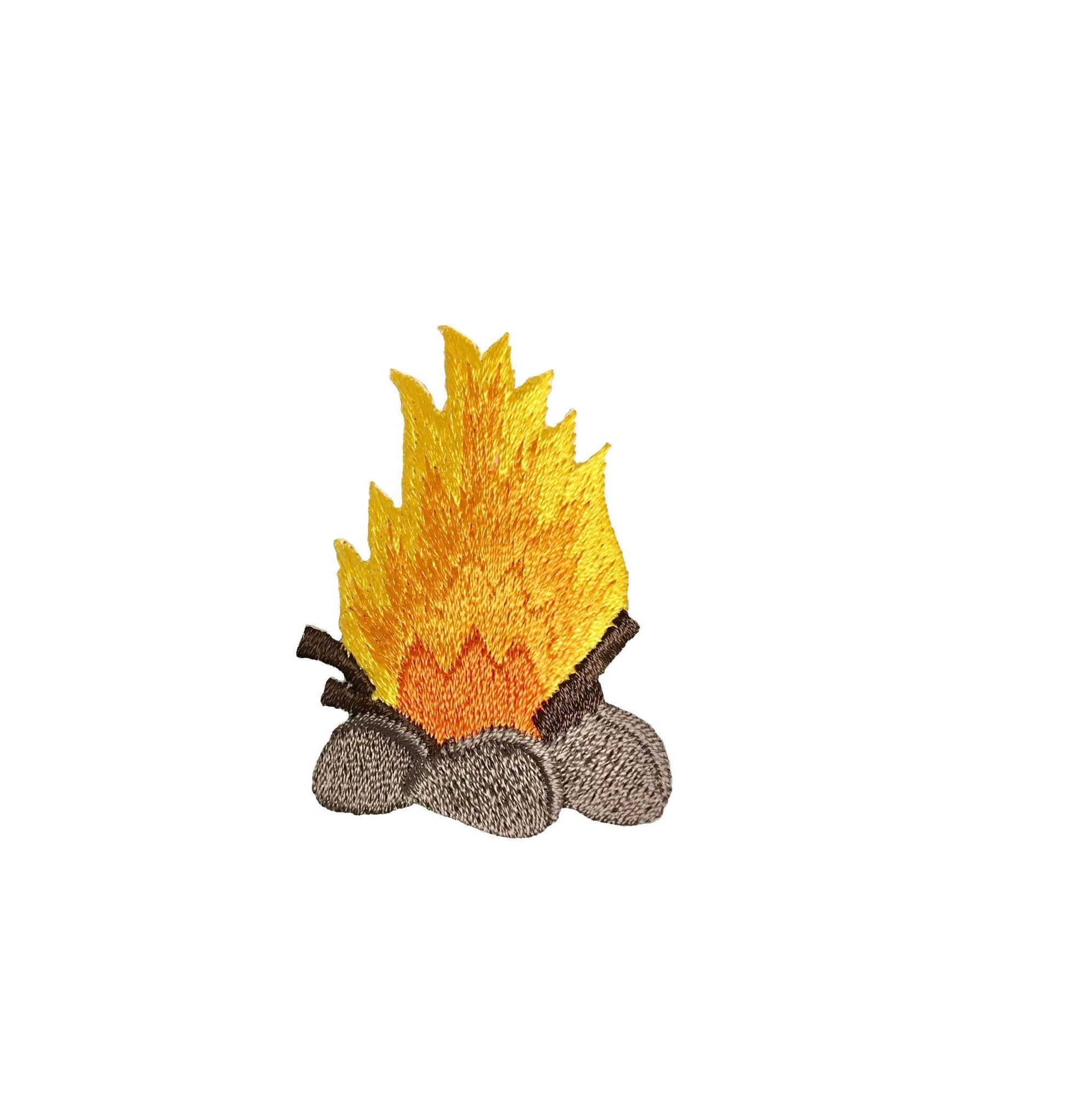 Embroidered patch of a campfire with flames on a white background