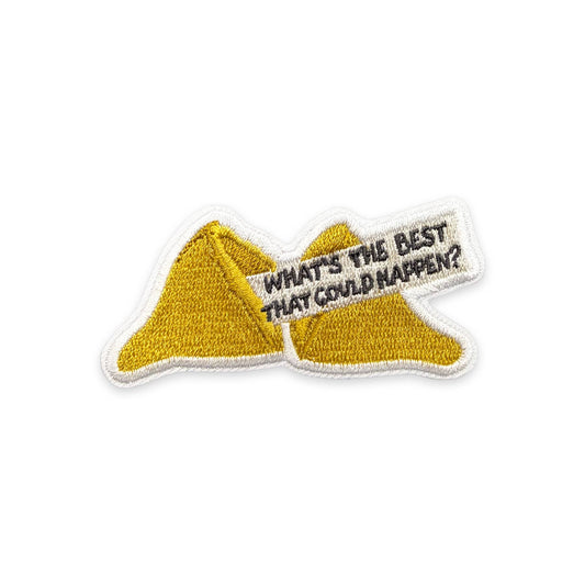 Embroidered patch with yellow envelope and text 'What's the best that could happen?' on a white background