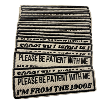 Stack of patches with humorous text on a white background