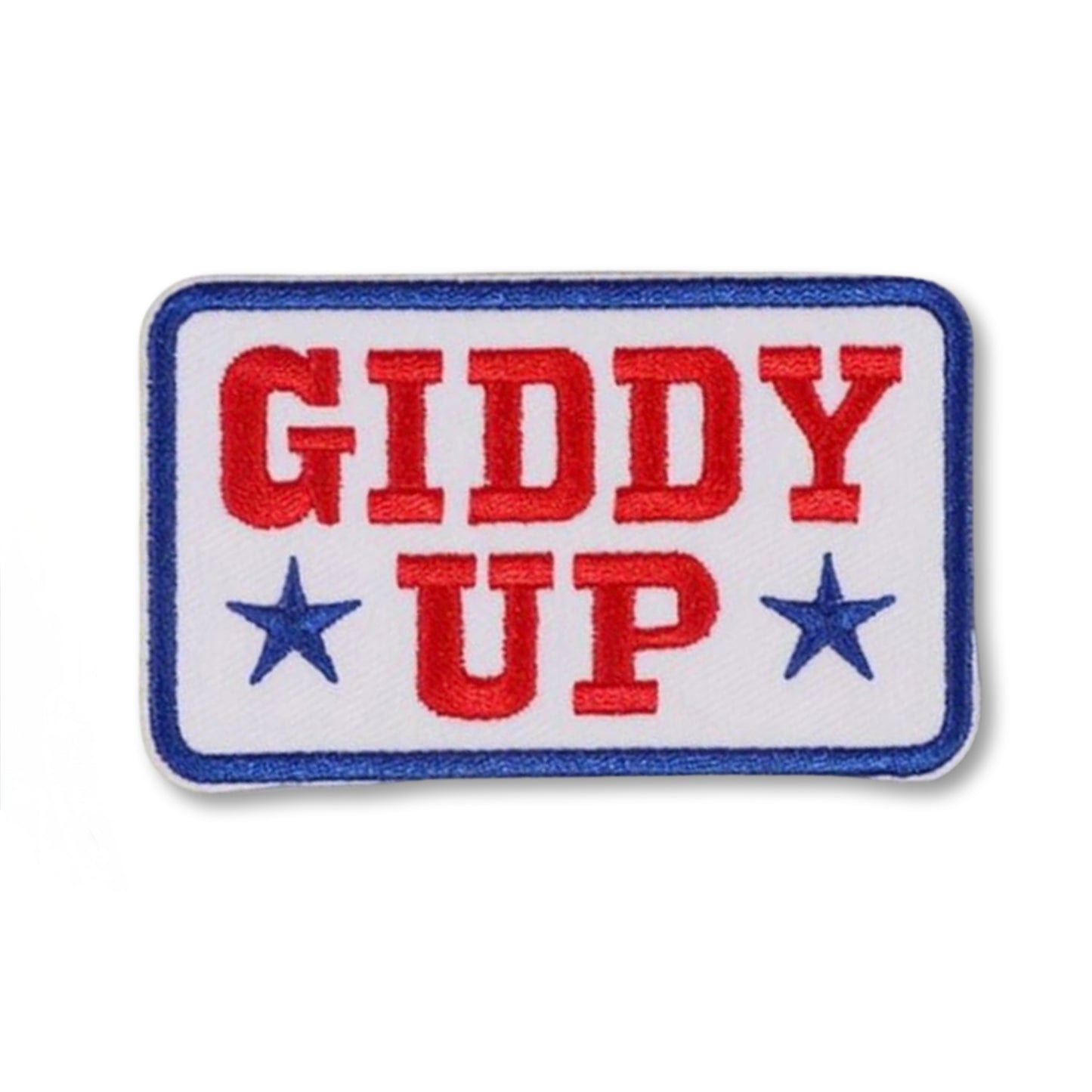 Embroidered patch with 'GIDDY UP' text and stars on a white background