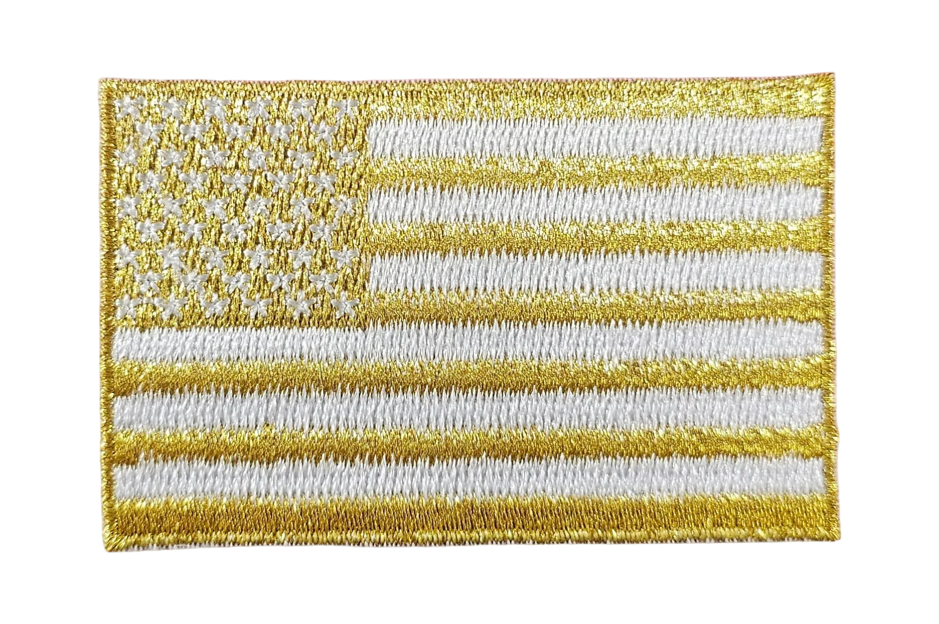 Gold and white American flag patch on a textured white background