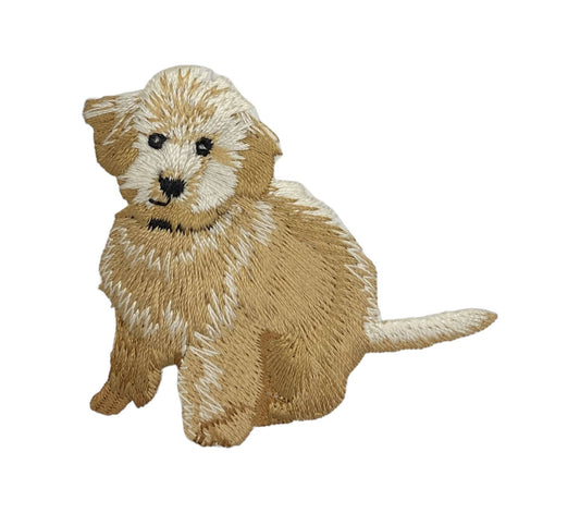 Embroidered patch of a brown dog on a white background