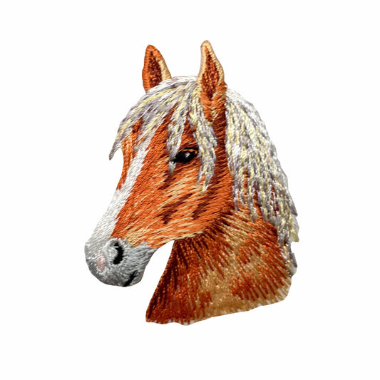 Embroidered horse head patch with brown and white color on a white background