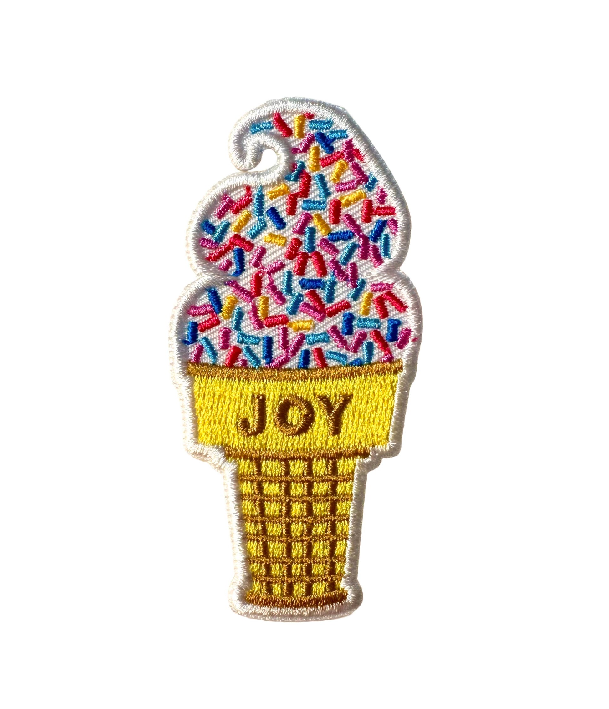 Ice cream cone patch with colorful sprinkles and 'JOY' text on a white background