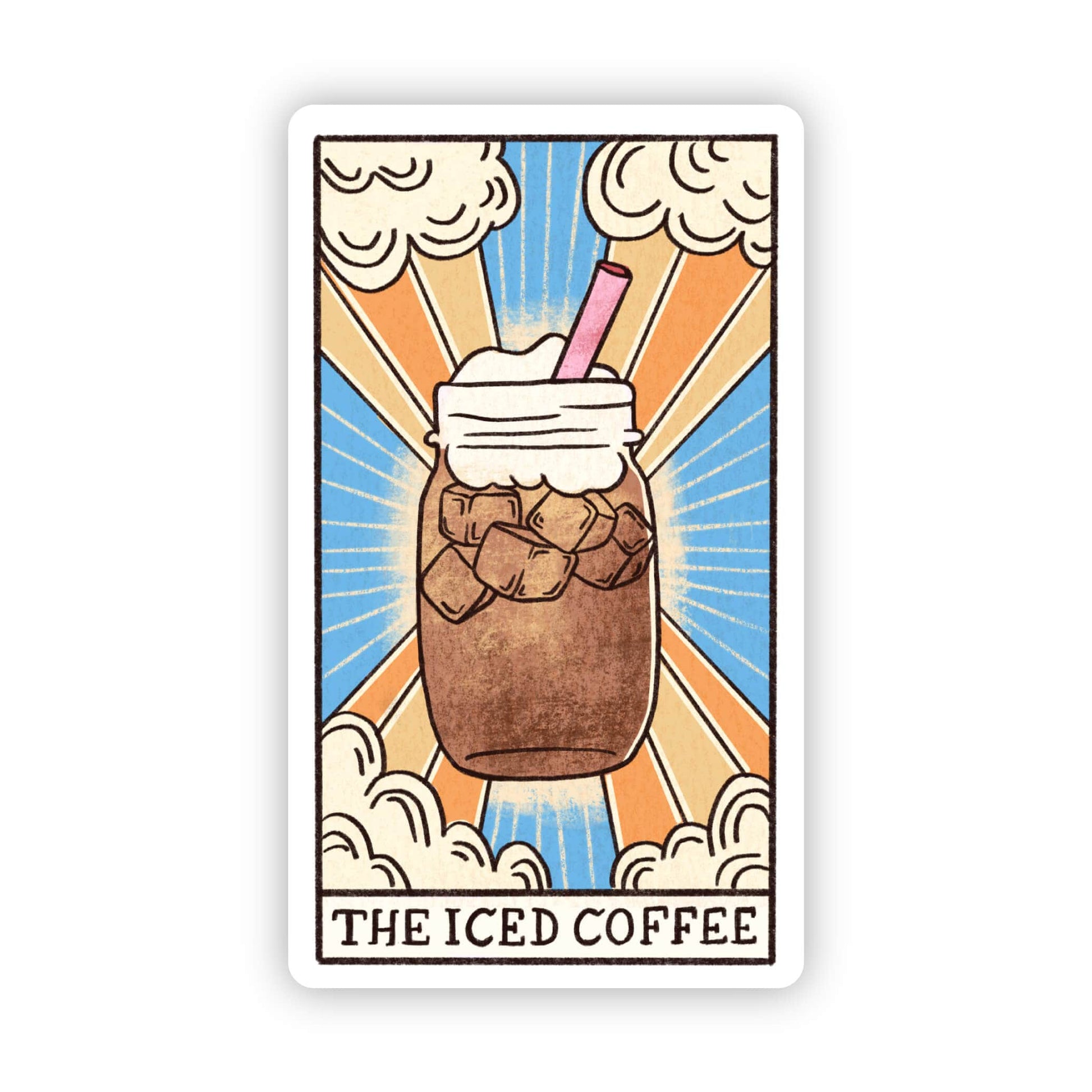 A tarot card style illustration of an iced coffee in a mason jar with whipped cream, ice cubes, and a pink straw, with the text 'THE ICED COFFEE' at the bottom, shown on a white background.