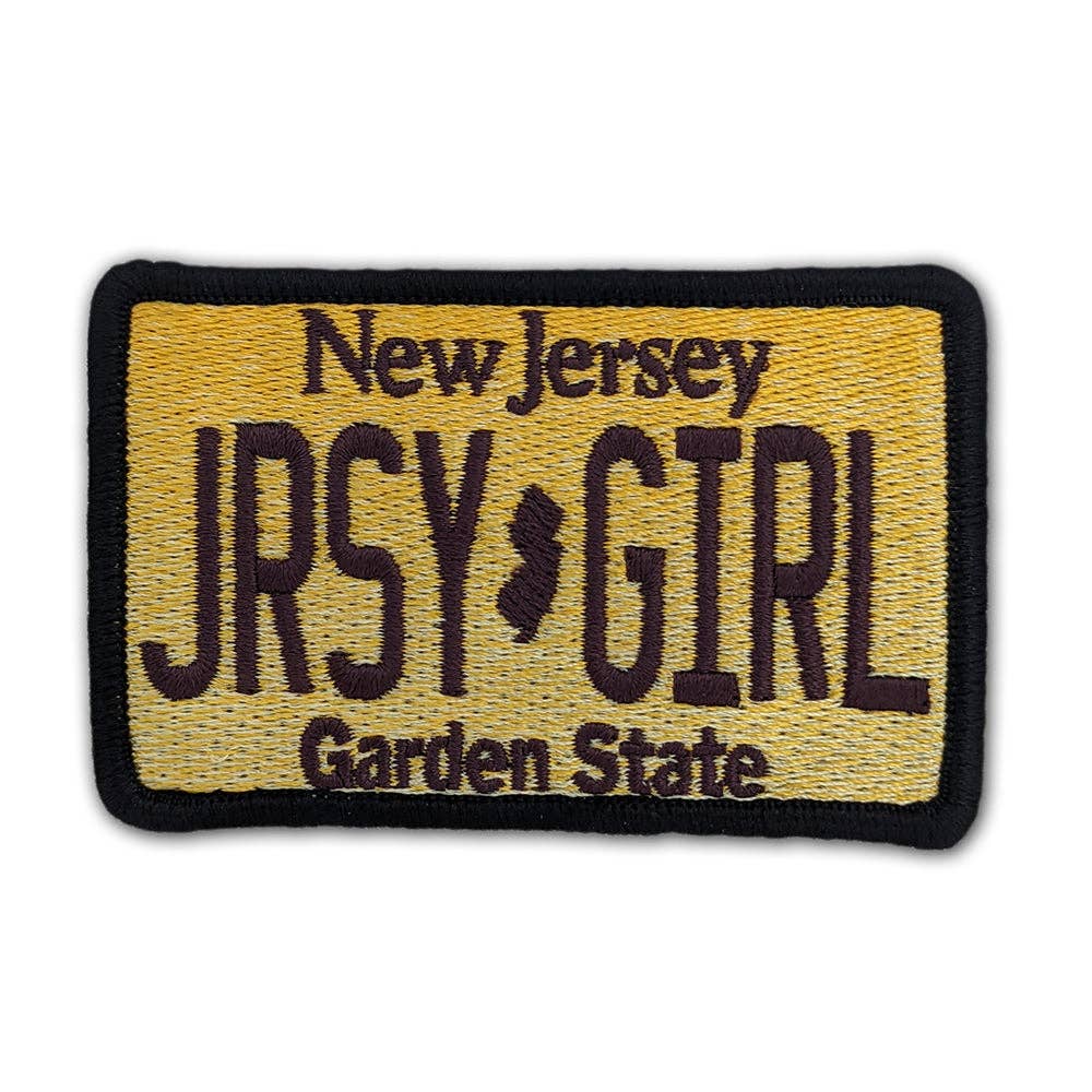 Embroidered patch with 'New Jersey JRSY GIRL Garden State' text on a beige background
