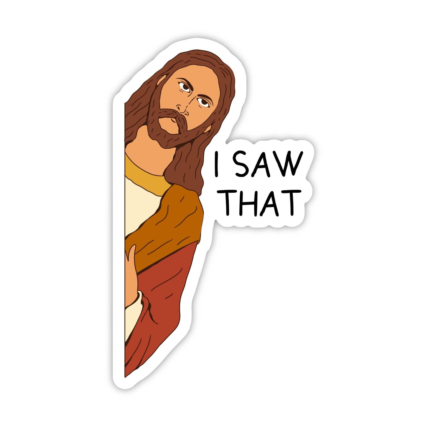 Sticker with a cartoon depiction of a religious figure with long hair and a beard, wearing a brown robe and yellow shirt, with text 'I SAW THAT' on a white background.