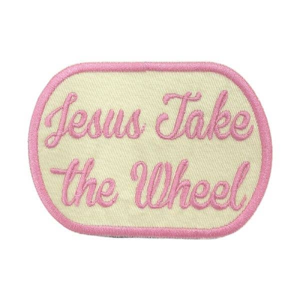 Patch with 'Jesus Take the Wheel' text on a light background