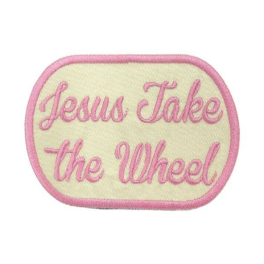Patch with 'Jesus Take the Wheel' text on a light background