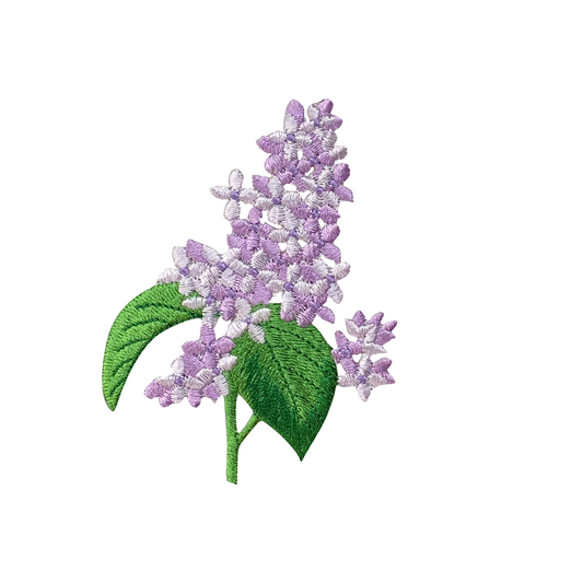 Embroidered design of a purple flower with green leaves on a white background