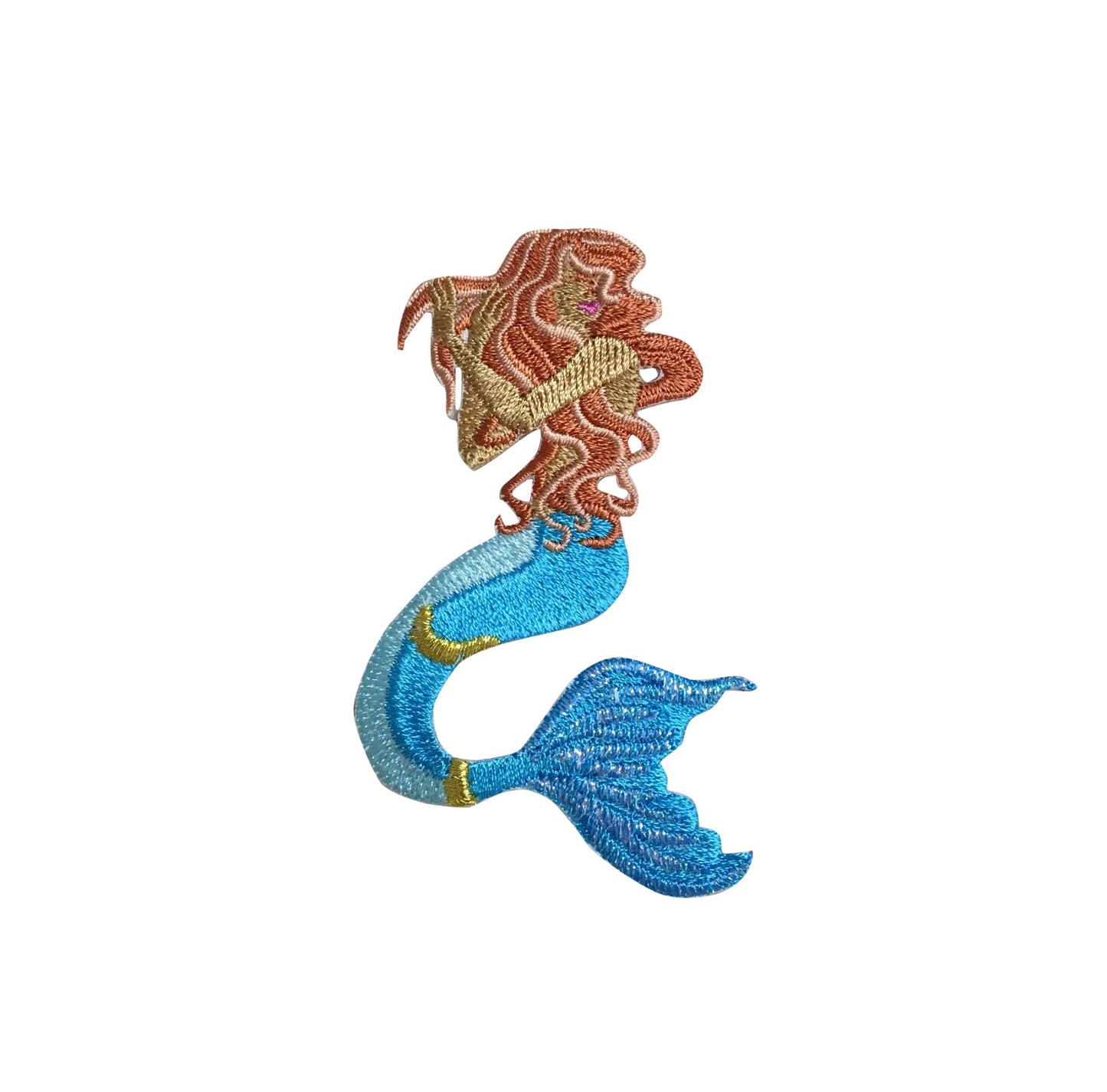 Embroidered mermaid patch with blue tail and gold accents on a white background