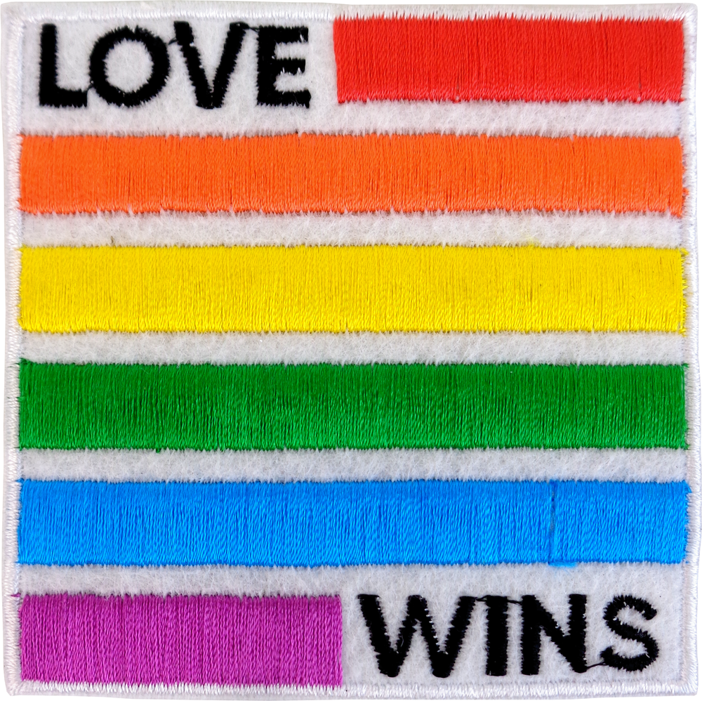 Embroidered patch with rainbow stripes and 'LOVE WINS' text