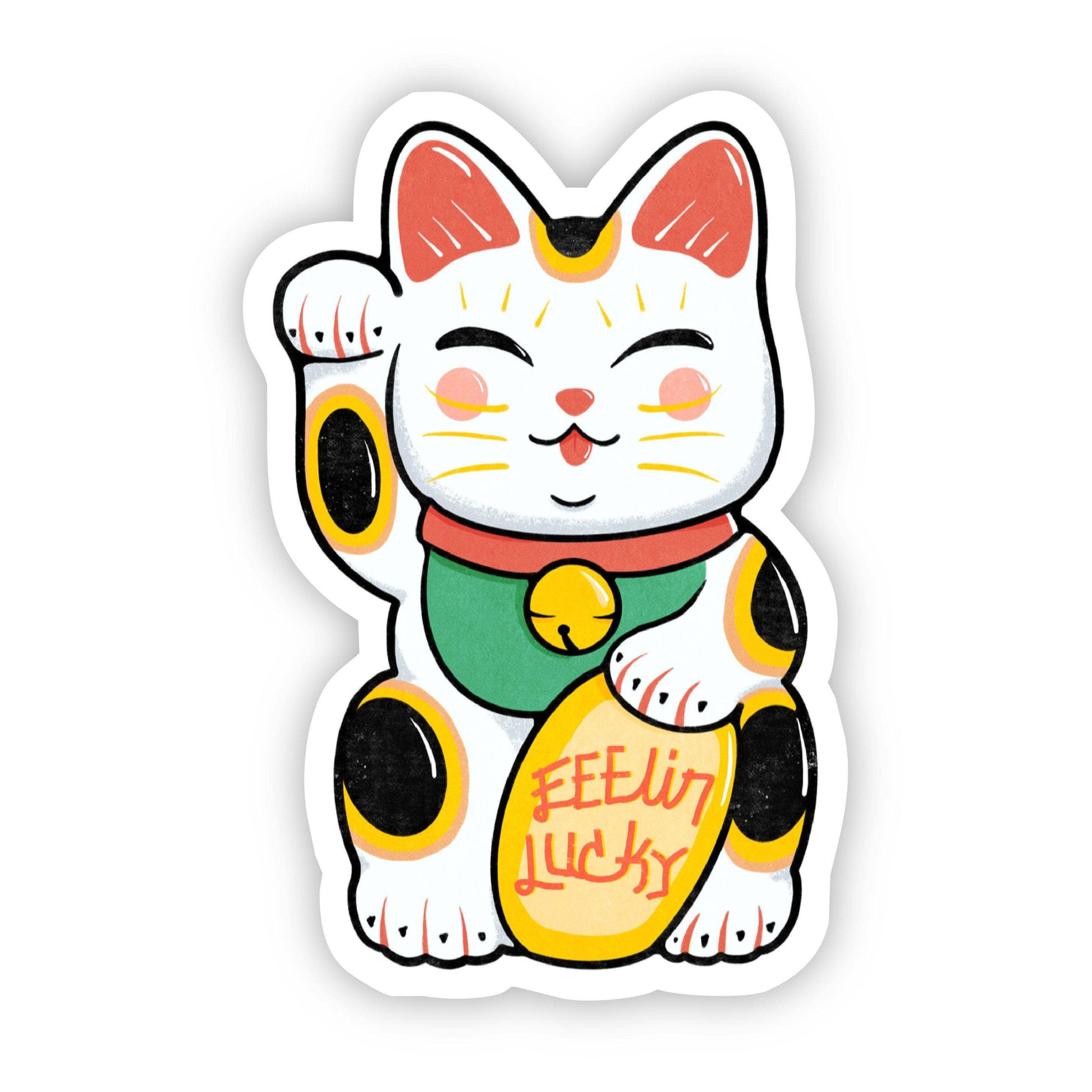 A die-cut sticker featuring a cartoon Maneki-neko lucky cat with one raised paw, holding a gold coin that reads 'FEEL IT LUCKY'. The cat is white with pink inner ears, black spots, a green collar, and a red bell, shown on a plain white background.