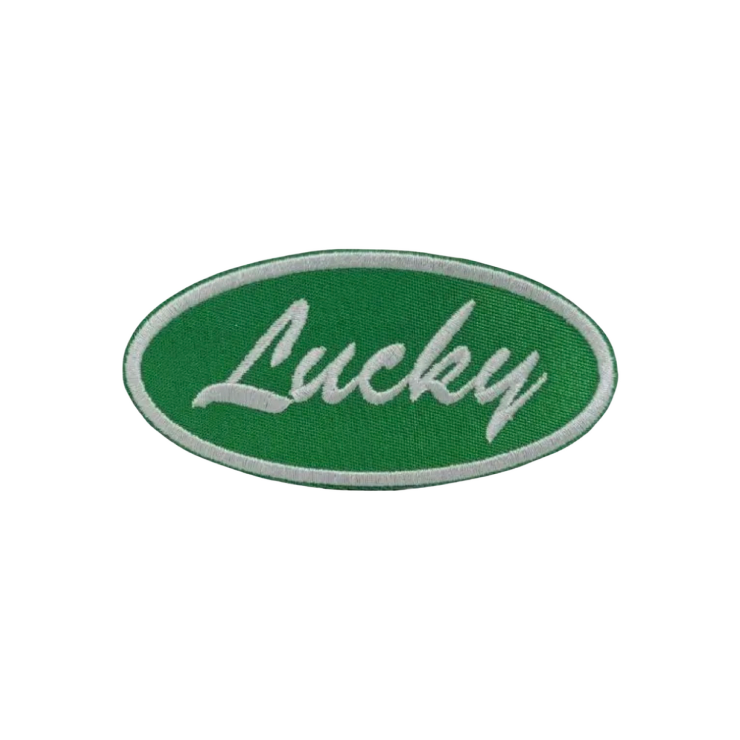 Green oval patch with 'Lucky' text on a white background