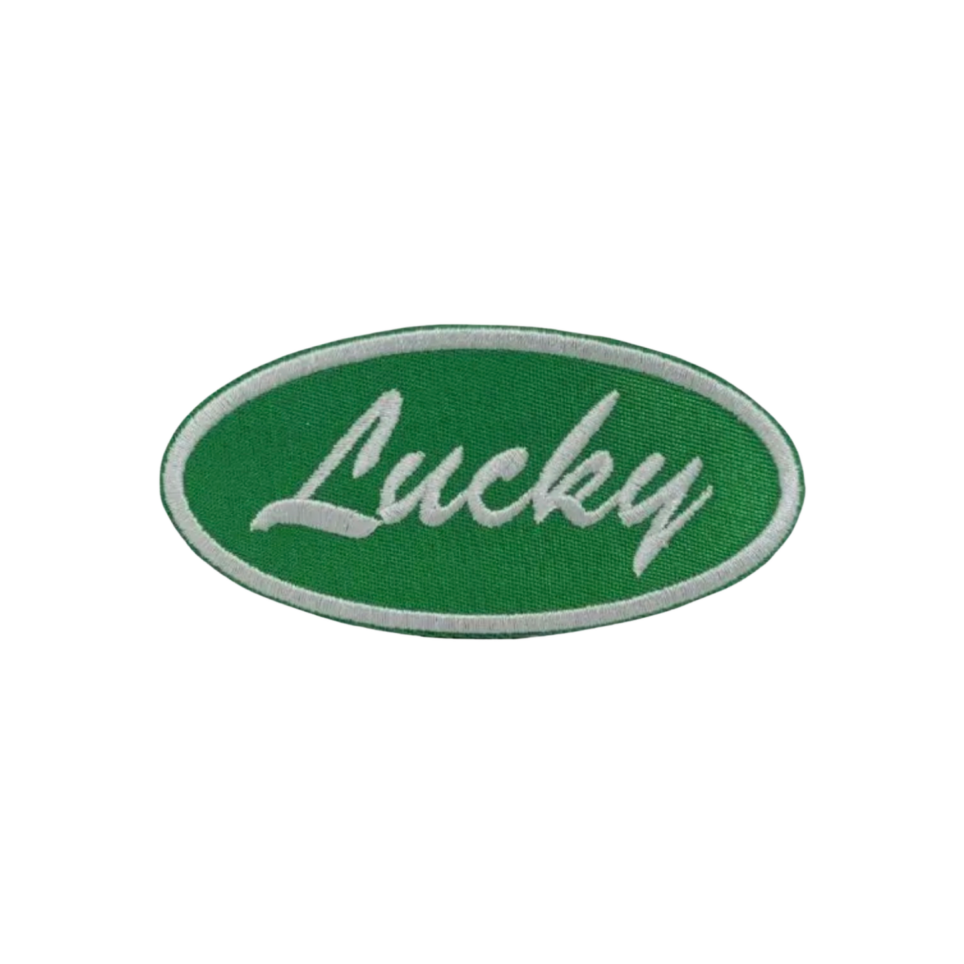 Green oval patch with 'Lucky' text on a white background