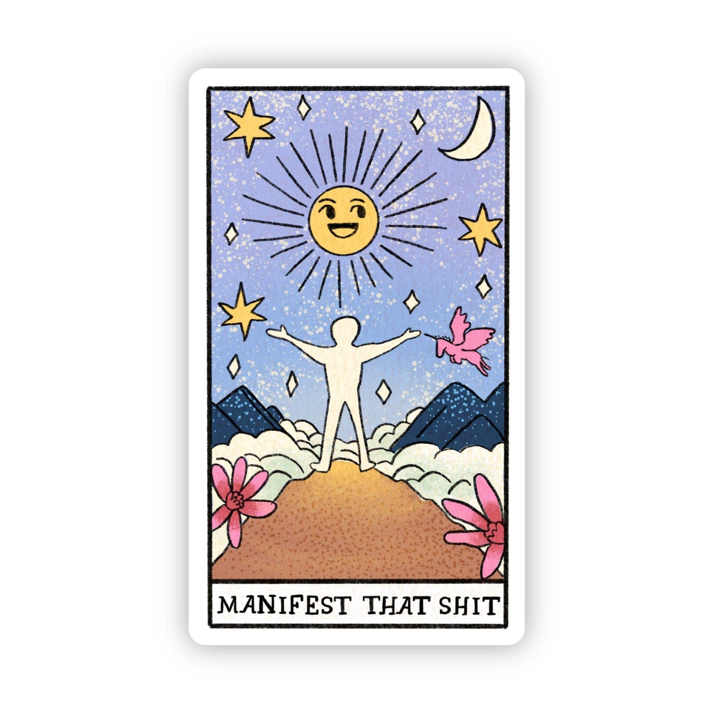 Illustrated card with a sun, moon, and person with 'Manifest That Shit' text on a white background