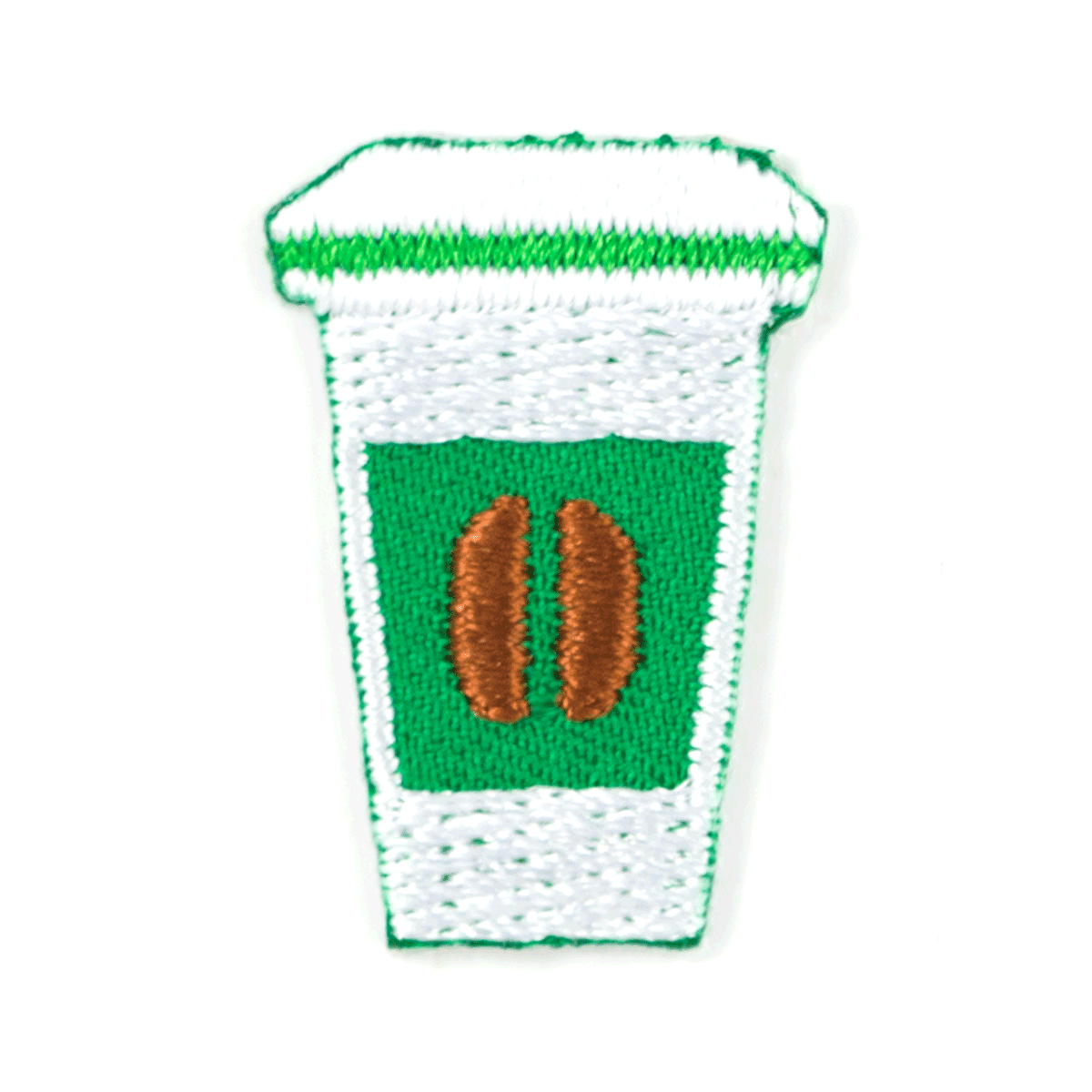 embroidered coffee cup with green sleeve and brown beans on a white background